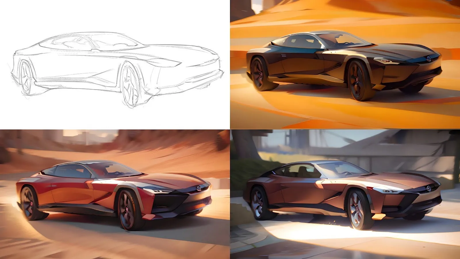 Sports car concept sketch alongside three Vizcom AI-generated renders in desert and urban environments