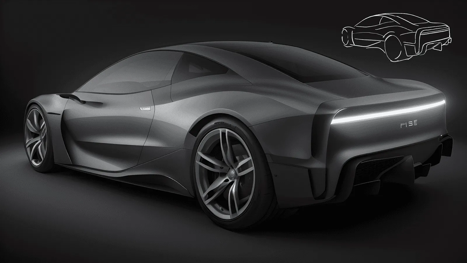 Vizcom AI render of a matte grey sports coupe rear three-quarter view with LED tail light on dark studio background