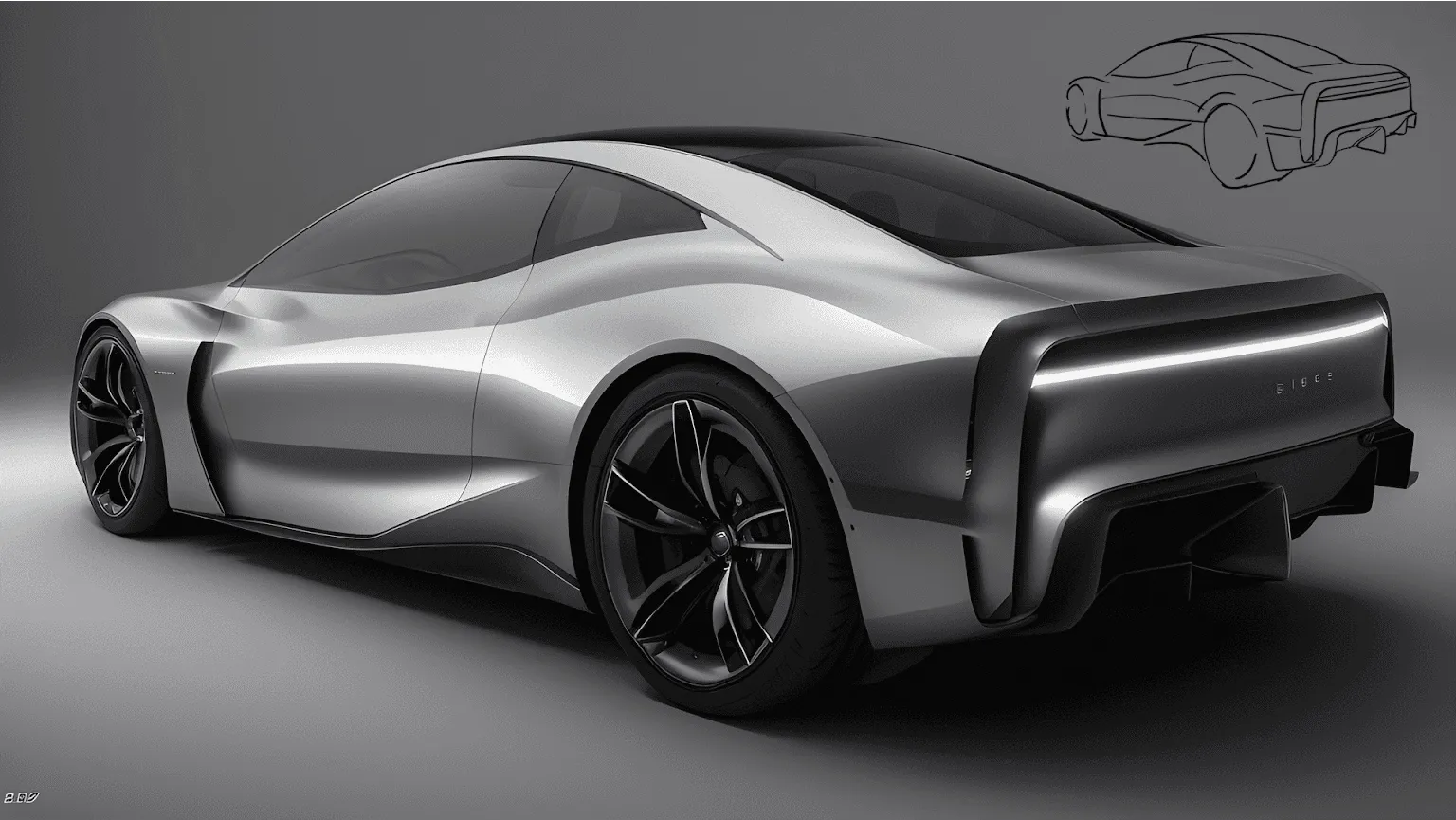 Vizcom AI render of a silver sports coupe rear three-quarter view with LED tail light on grey studio background