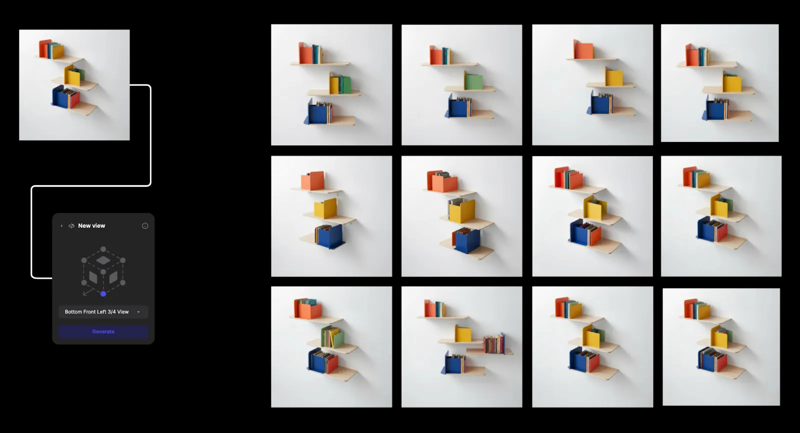 Vizcom New View feature generating a wall shelf render from multiple camera angles in a 12-image grid
