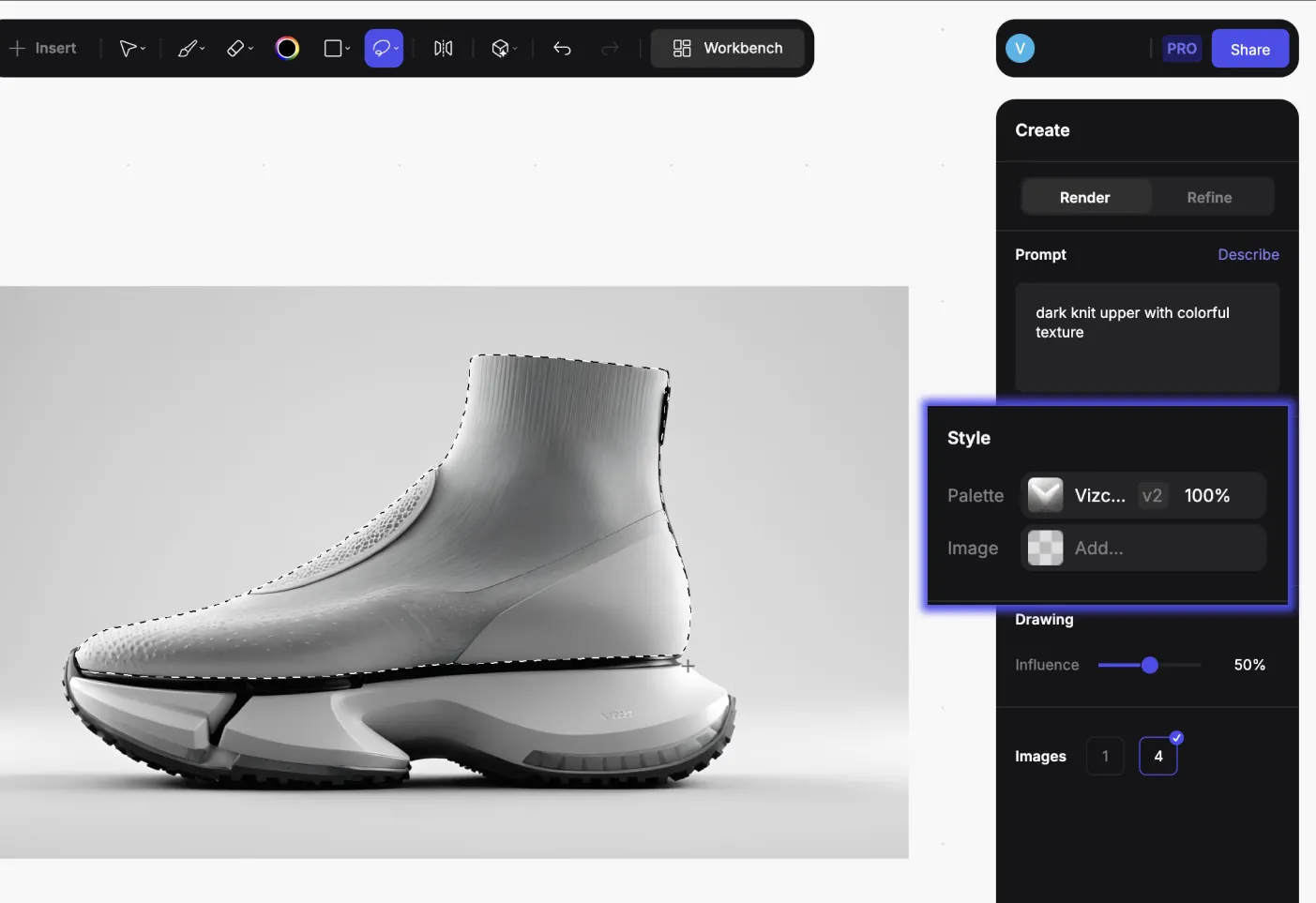 Vizcom Refine panel open on a high-top sneaker render with inpainting selection and prompt for knit texture