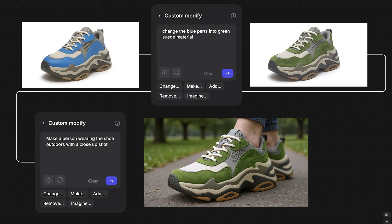 Vizcom Custom Modify workflow showing a sneaker colorway changed from blue to green suede then placed in a lifestyle context