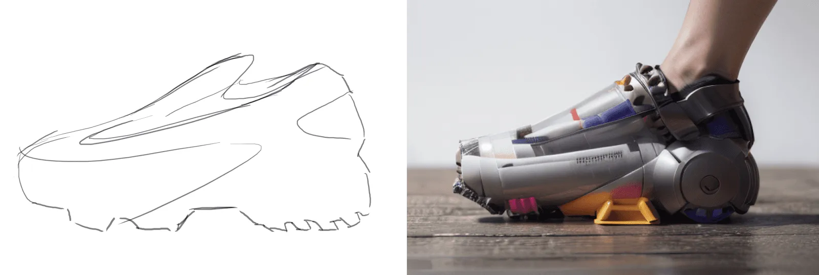 Loose sneaker concept sketch alongside a photo of a Dyson vacuum cleaner used as a design reference