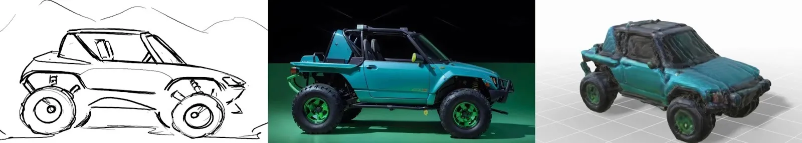Off-road buggy concept sketch alongside a Vizcom AI render in teal and green and an exported 3D mesh