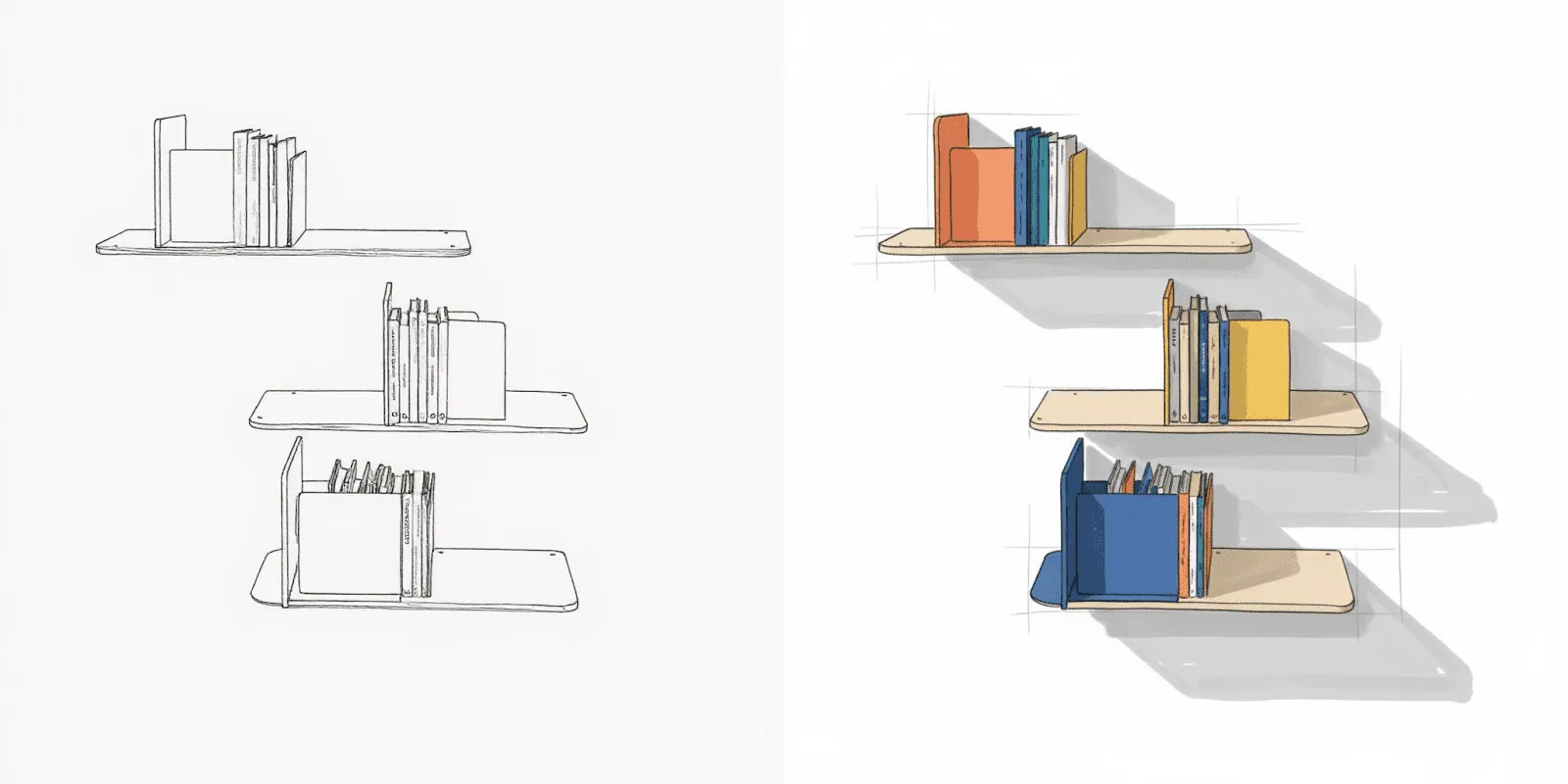 Wall shelf concept sketches alongside Vizcom AI renders showing three bookend configurations in wood with color accents
