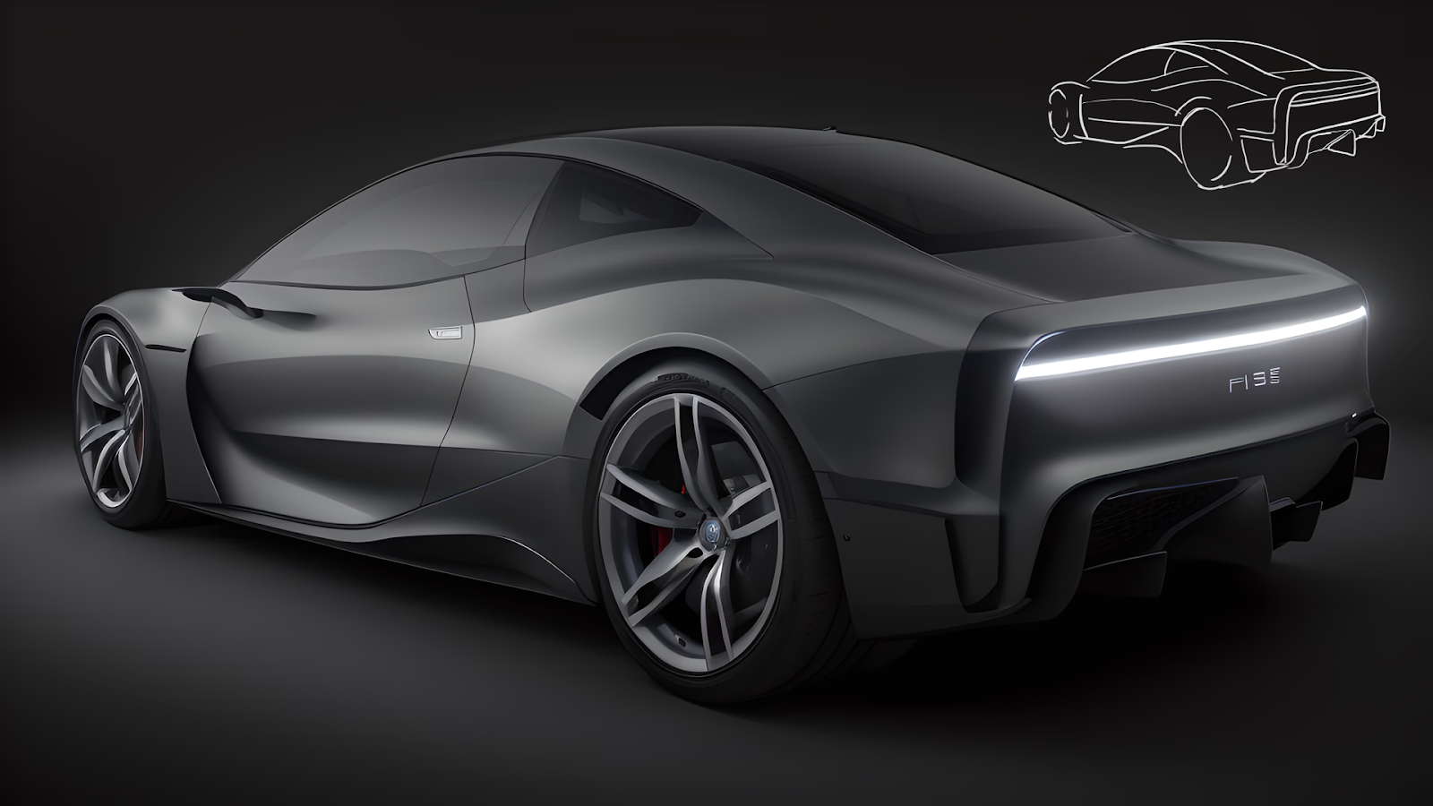 Vizcom AI render of a matte grey sports coupe rear three-quarter view with LED tail light on dark studio background