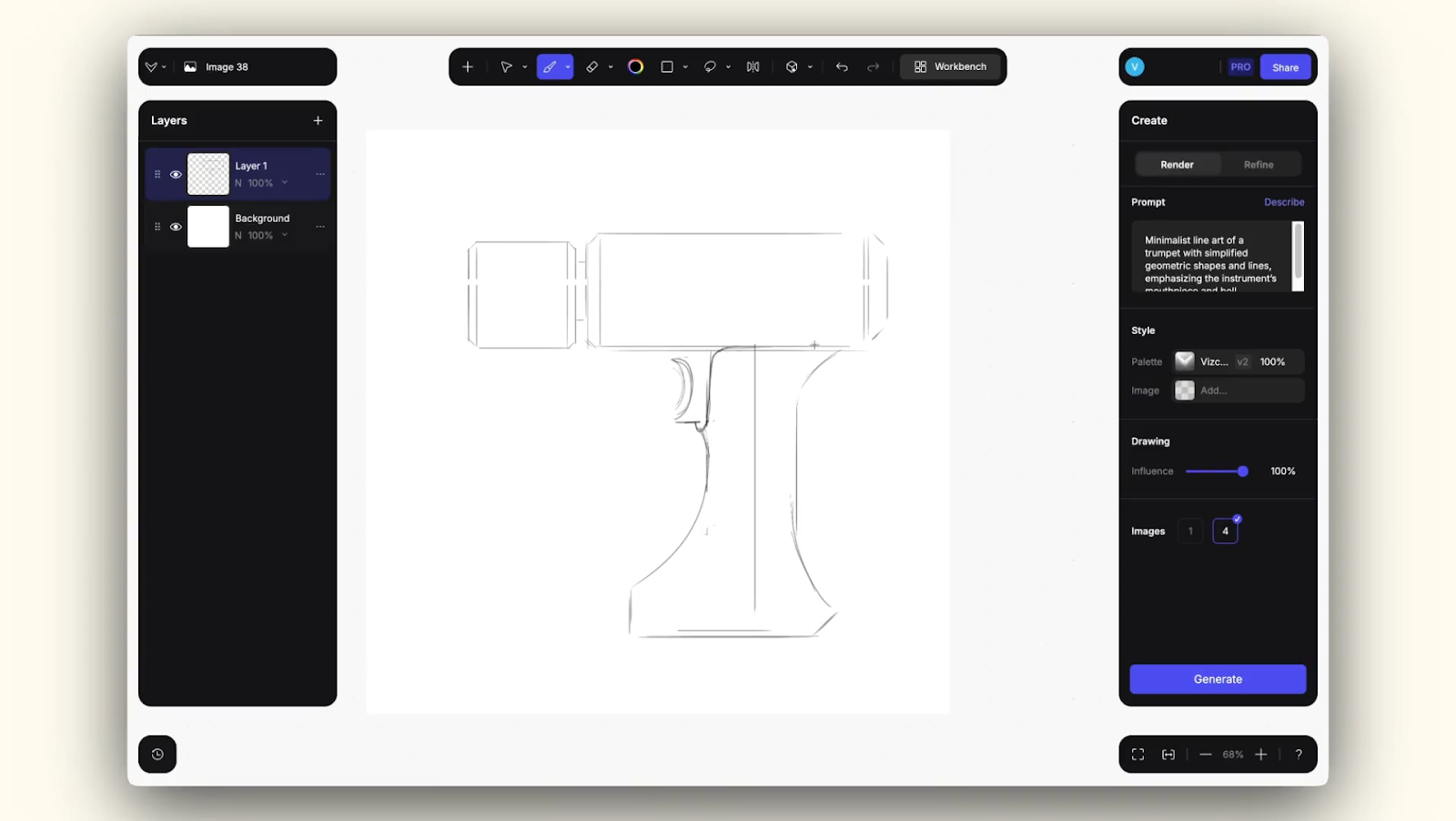 Vizcom Sketch interface with a trumpet line drawing and minimalist geometric prompt ready to generate