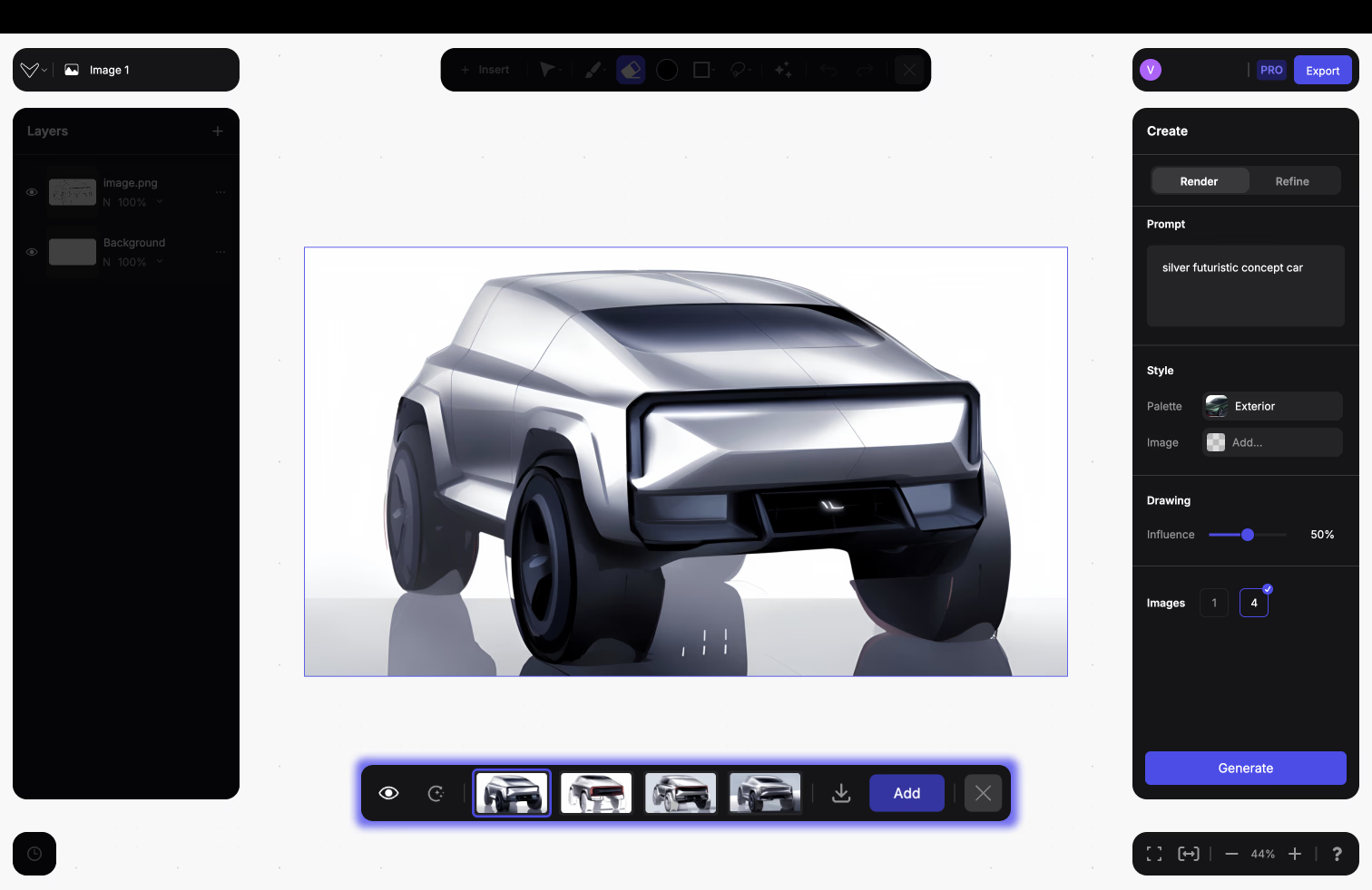Vizcom Render interface showing a silver futuristic concept car render with four generated variations in the results tray