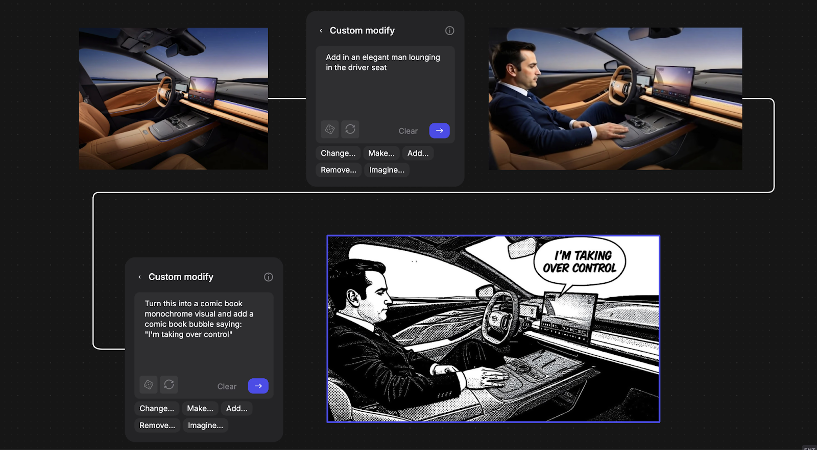 Vizcom Custom Modify workflow transforming a luxury car interior render into a comic book panel with a speech bubble