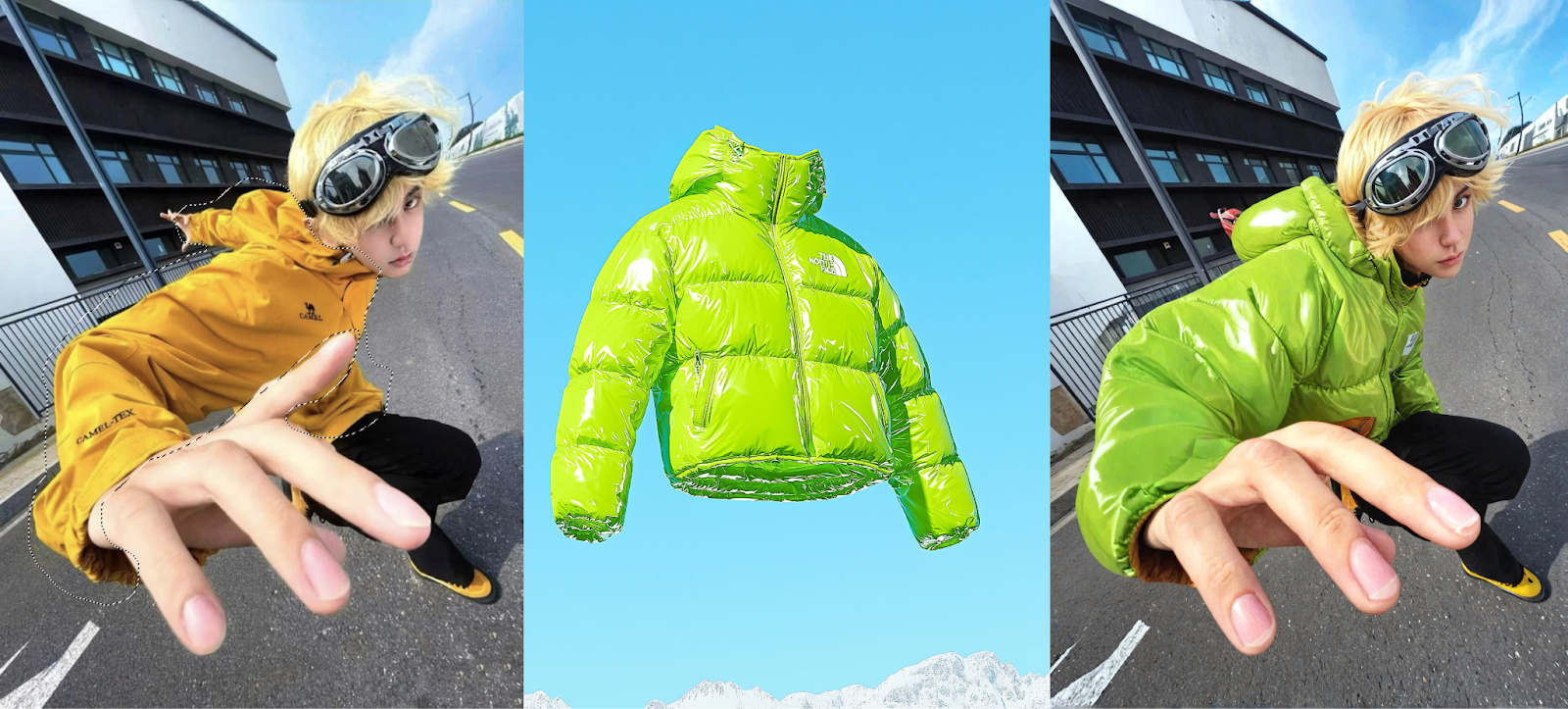 Vizcom Try-On workflow showing a green glossy puffer jacket applied to a model wearing a yellow jacket