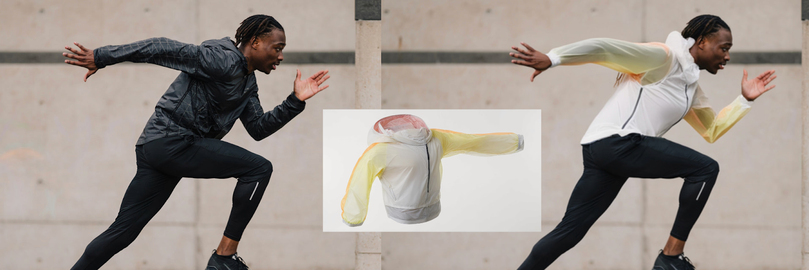 Vizcom Try-On workflow replacing a runner's dark jacket with a white and yellow gradient hoodie using a product reference