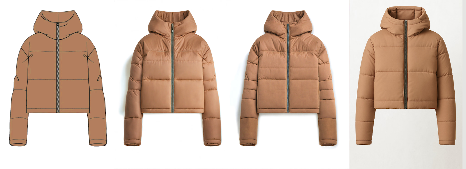 Puffer jacket tech flat alongside three Vizcom AI renders showing progressive material and volume refinement in tan