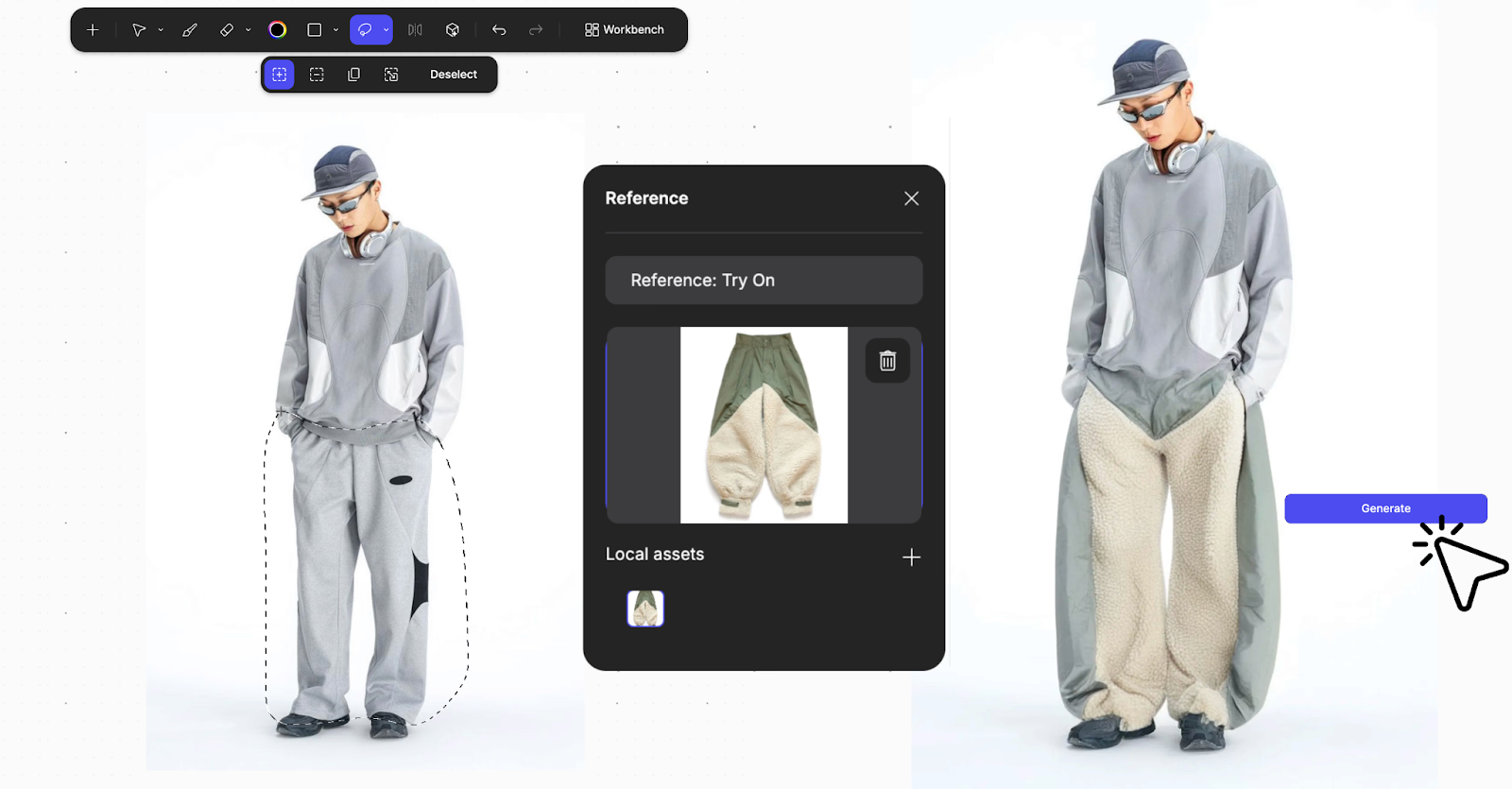 Vizcom Try-On interface swapping a model's grey sweatpants for olive and cream cargo pants using a reference image