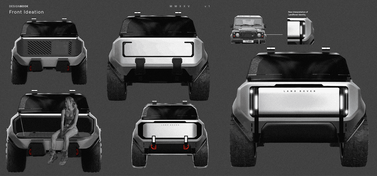 Vizcom front ideation board showing multiple AI-rendered views of a futuristic Land Rover Defender concept in silver