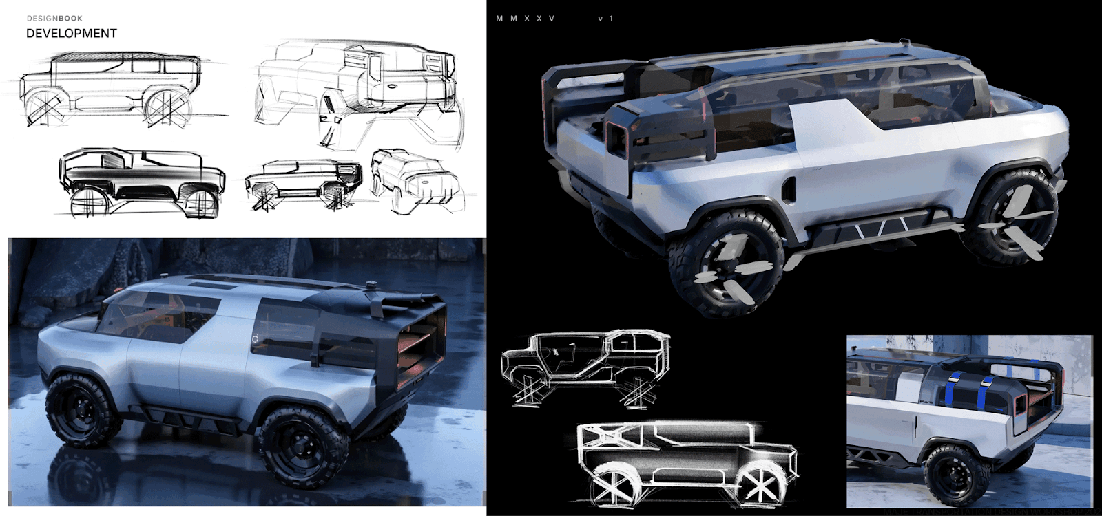 Off-road SUV concept design board showing pencil sketches alongside Vizcom AI-generated 3D renders in silver and black