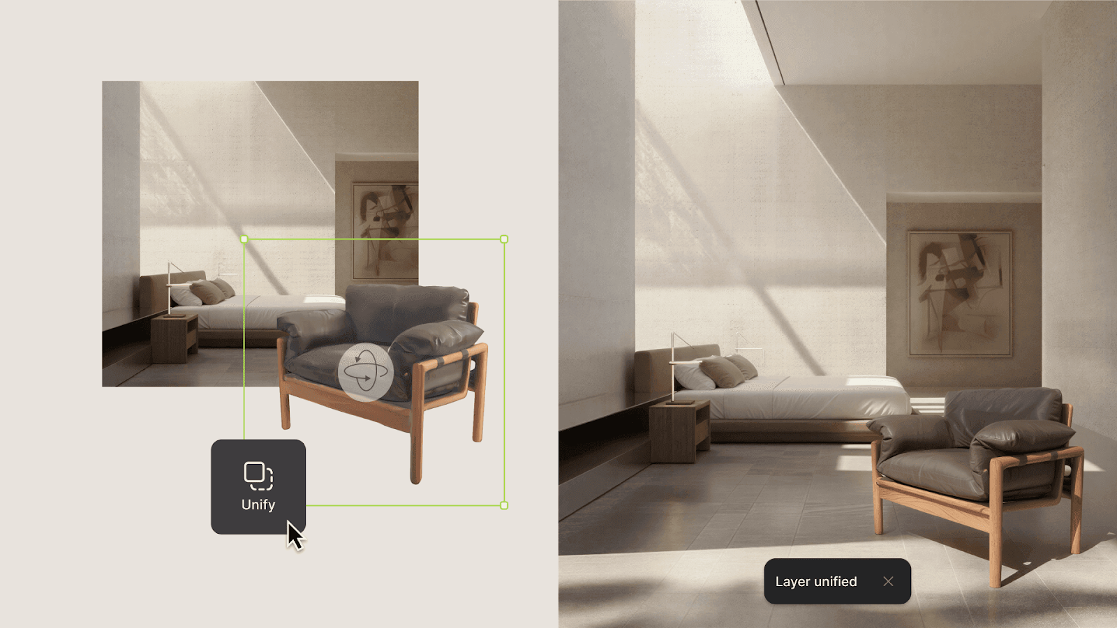 Vizcom Unify feature placing a leather armchair into a minimal interior render with seamless lighting integration