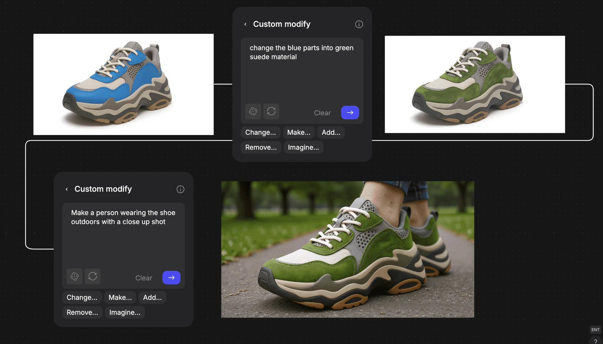 Vizcom Custom Modify workflow showing a sneaker colorway changed from blue to green suede then placed in a lifestyle context