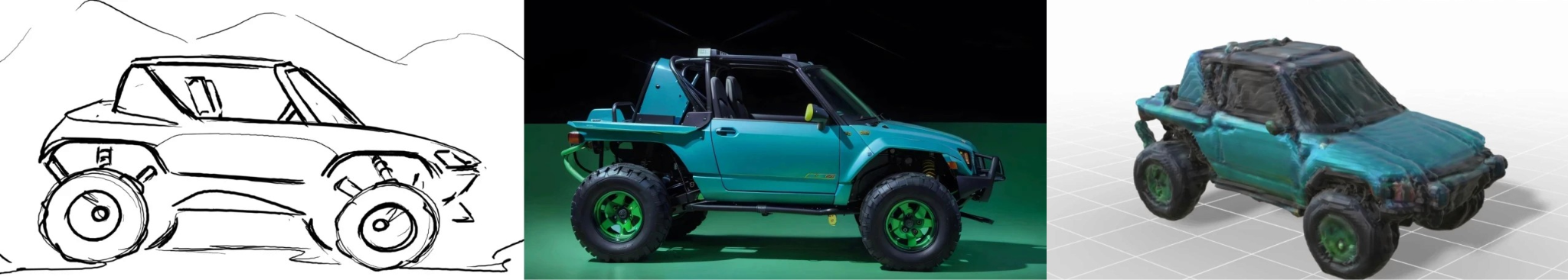 Off-road buggy concept sketch alongside a Vizcom AI render in teal and green and an exported 3D mesh