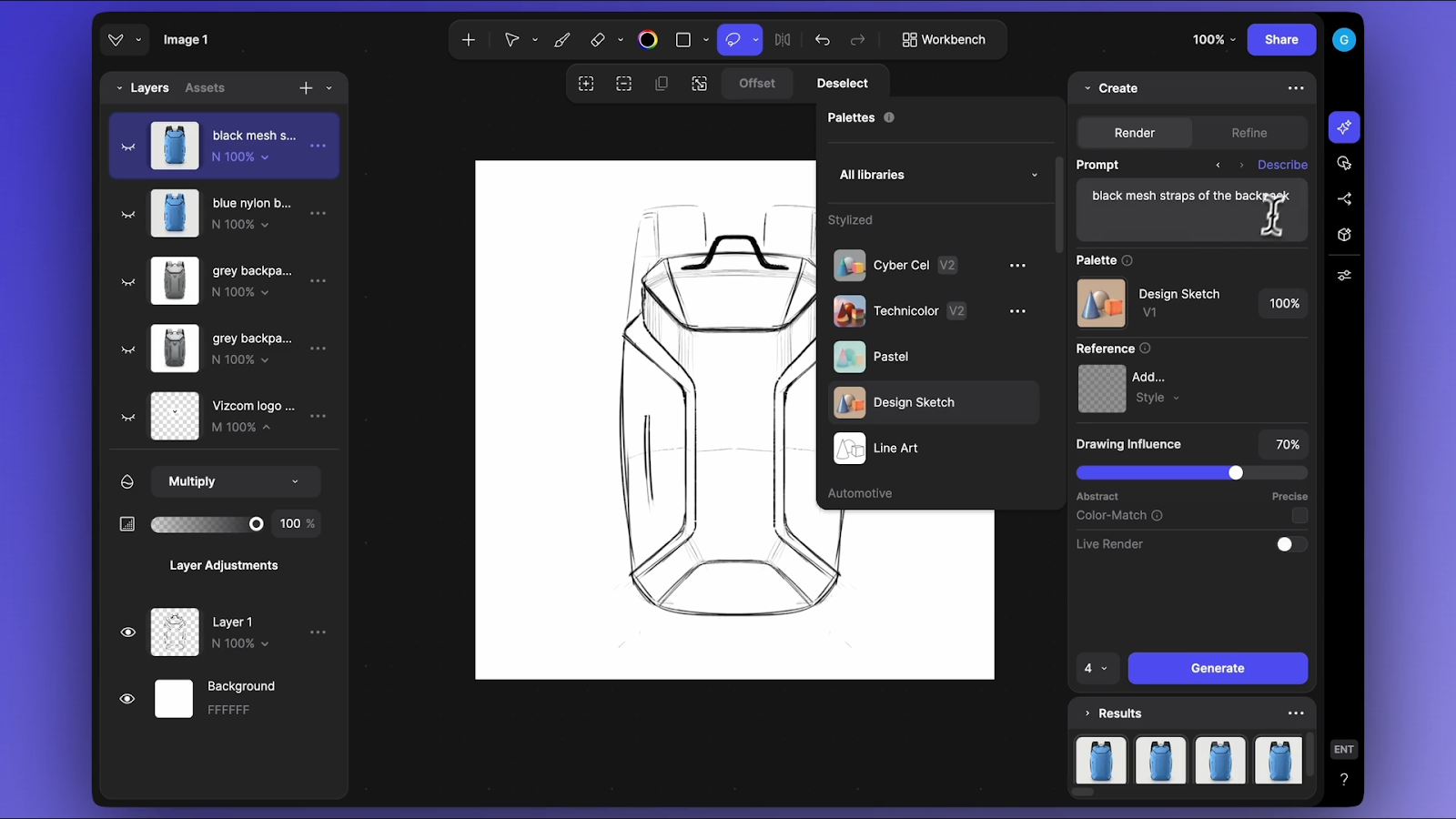 Vizcom platform interface showing a backpack sketch with Palettes menu open and AI-generated render previews in the results panel