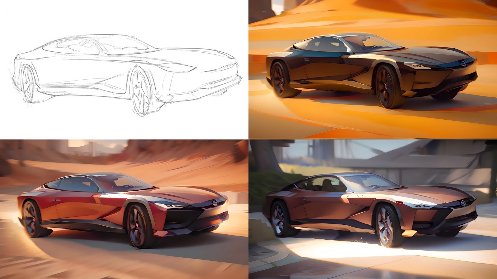 Sports car concept sketch alongside three Vizcom AI-generated renders in desert and urban environments