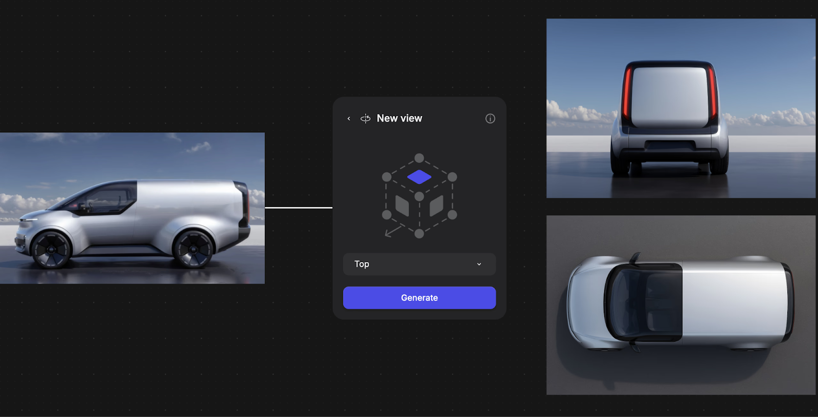 Vizcom New View feature generating rear and top views of a silver electric van from a single side-profile render