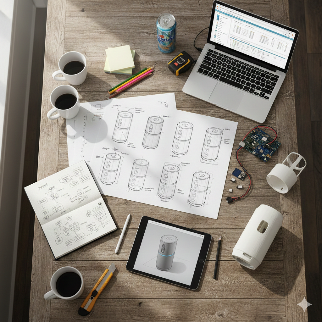 Product designer's desk flatlay with smart speaker sketches, 3D printed prototypes, circuit board, and tablet render