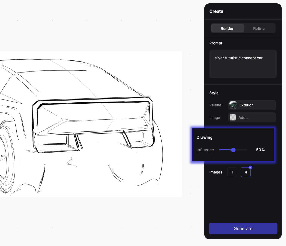 Vizcom Render panel showing a car sketch with the Drawing Influence slider highlighted at 50%