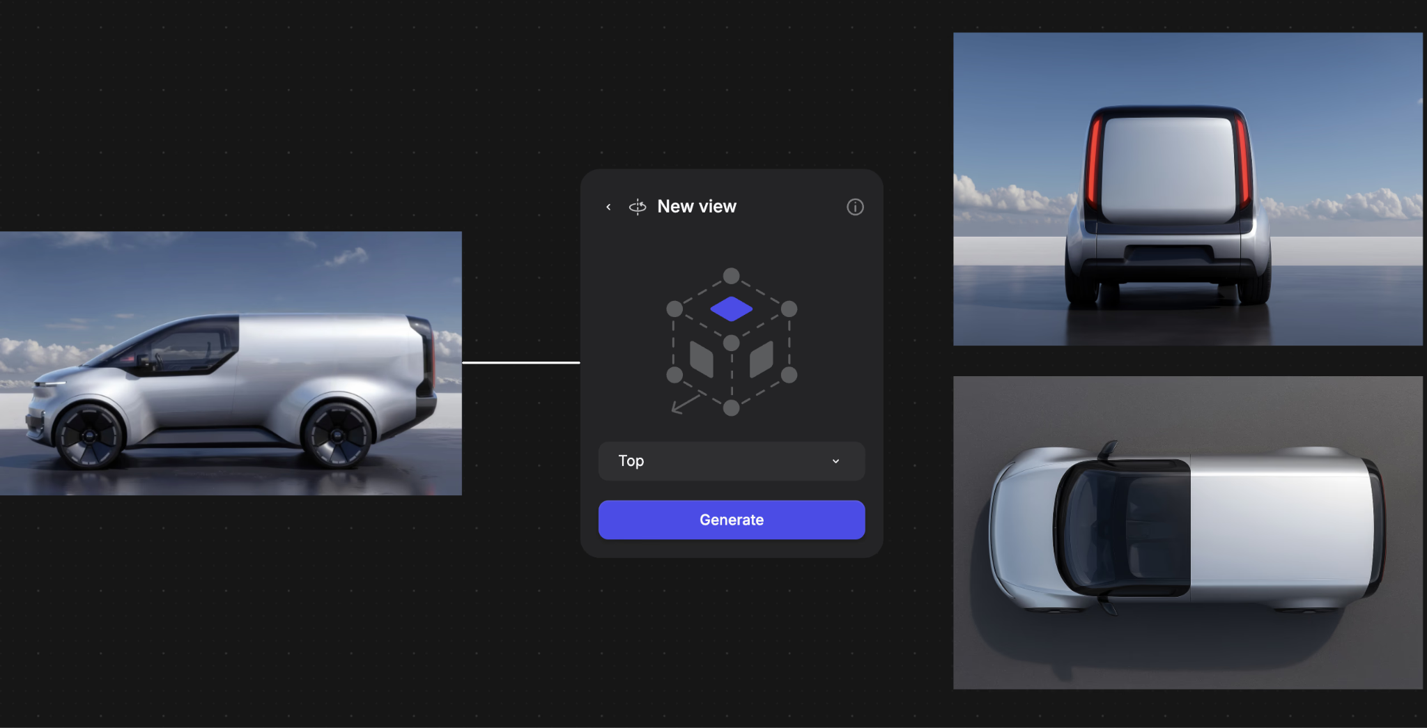 Vizcom New View feature generating rear and top views of a silver electric van from a single side-profile render