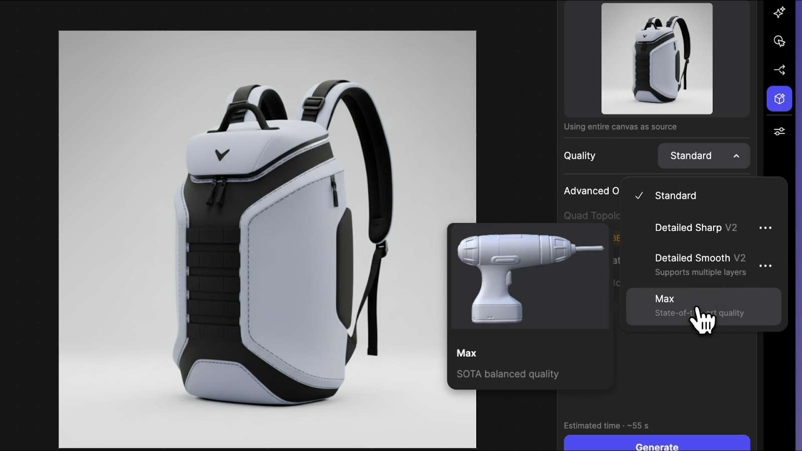 Vizcom 3D interface showing a backpack render with the Quality dropdown open displaying Standard, Detailed Sharp, Detailed Smooth, and Max options