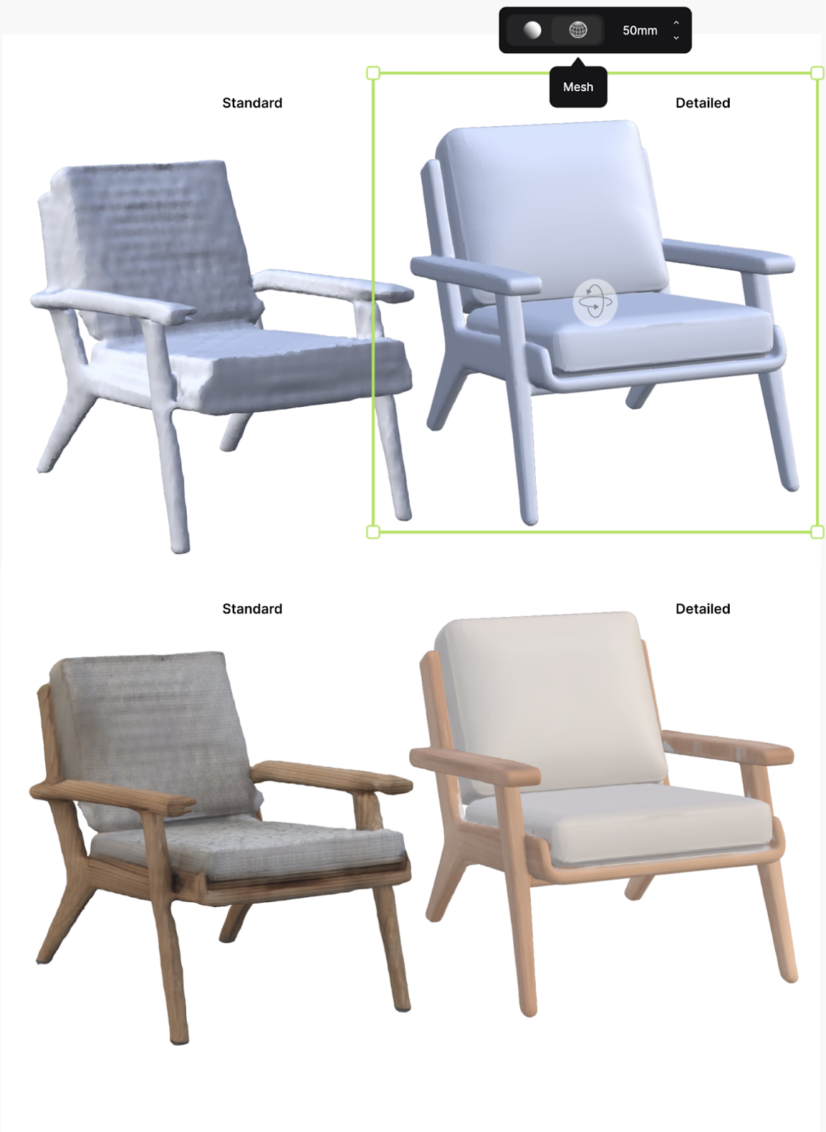 Vizcom 3D quality comparison showing Standard versus Detailed mesh and texture output on a mid-century armchair