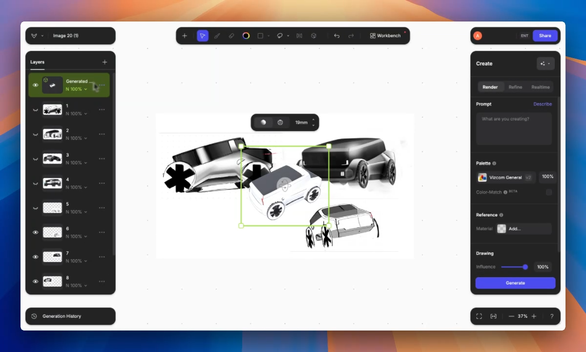Vizcom Workbench canvas with multiple electric vehicle concept sketches, Layers panel, and Render settings at 100% Drawing Influence
