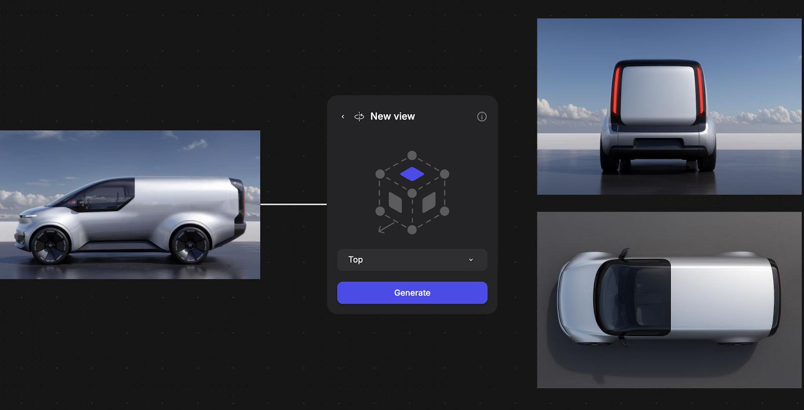 Vizcom New View generating front and top angles of a silver electric van from a single side-profile render