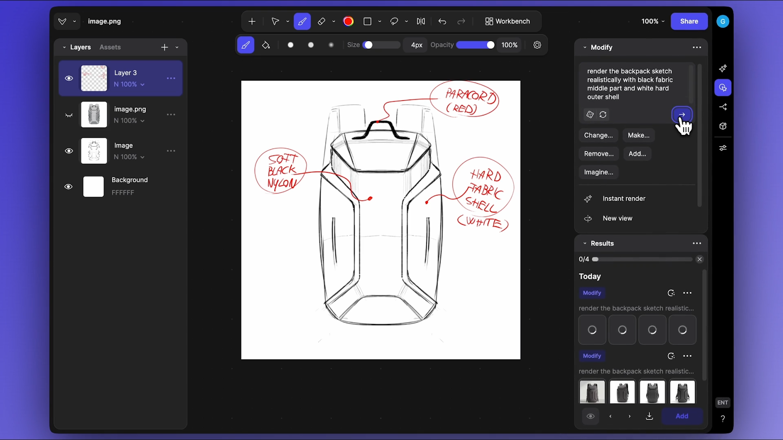 Vizcom Modify panel showing annotated backpack sketch with soft black nylon and hard white shell callouts, with four rendered results below