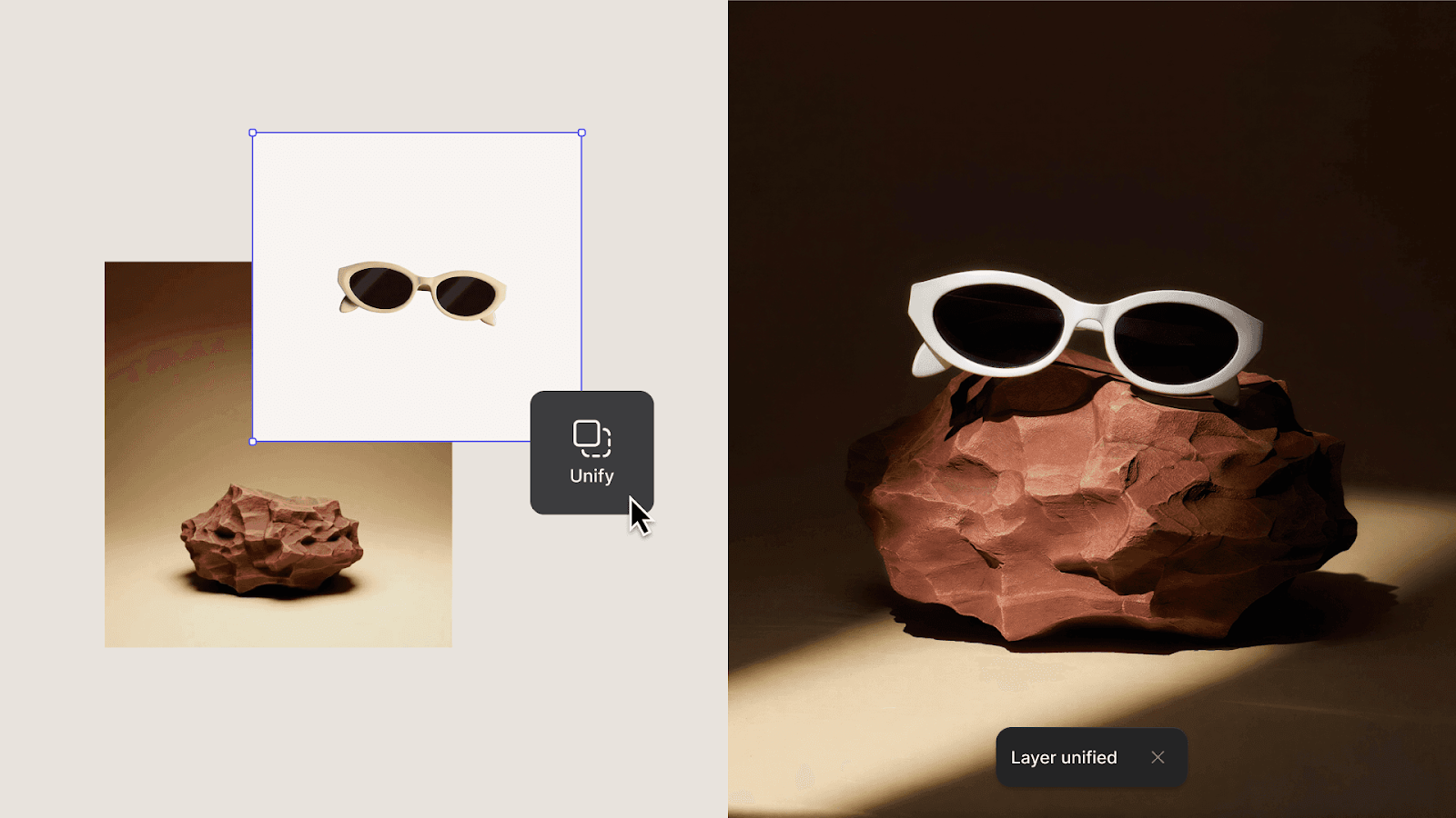 Vizcom Unify feature combining separate sunglasses and rock reference images into a single unified photorealistic product render