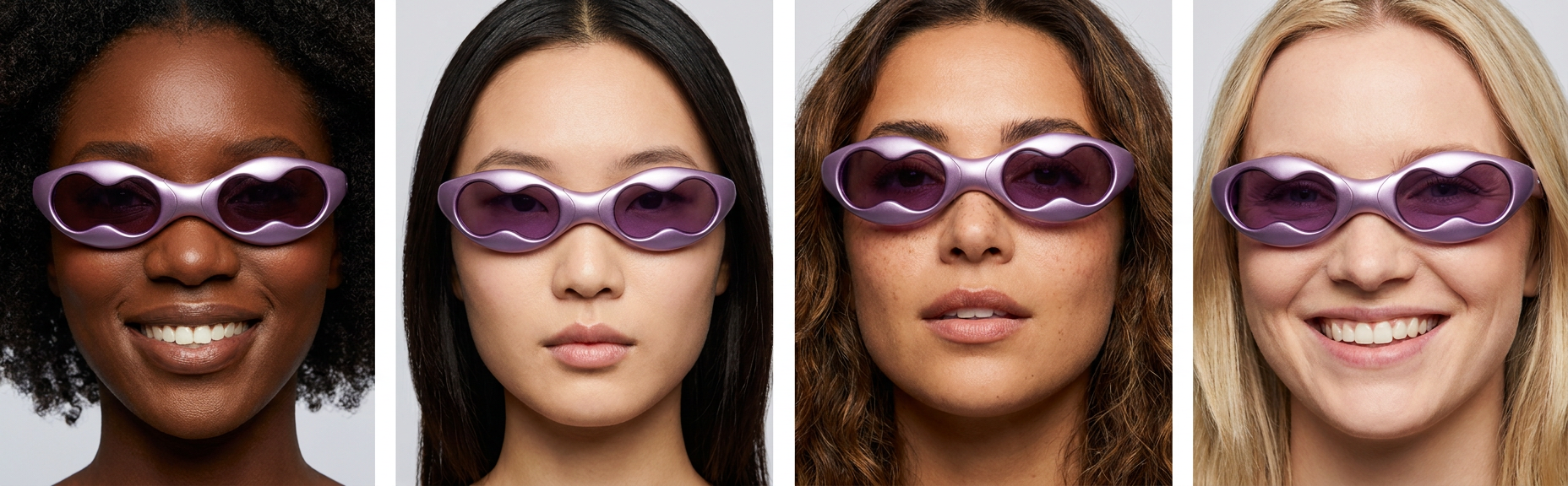 four women modeling a pair of purple metallic sunglasses with purple lenses
