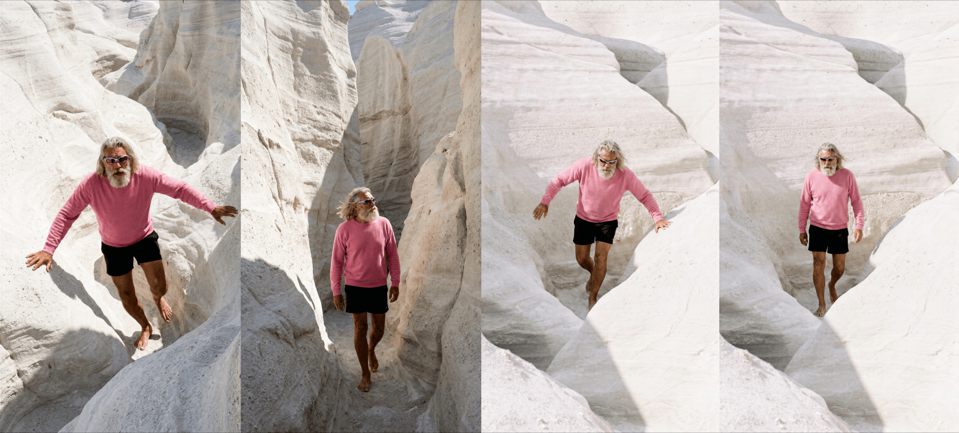 older male model climbing white rockscape with pink sweater