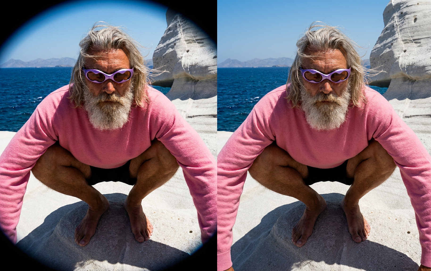 older male model crouching with sunglasses