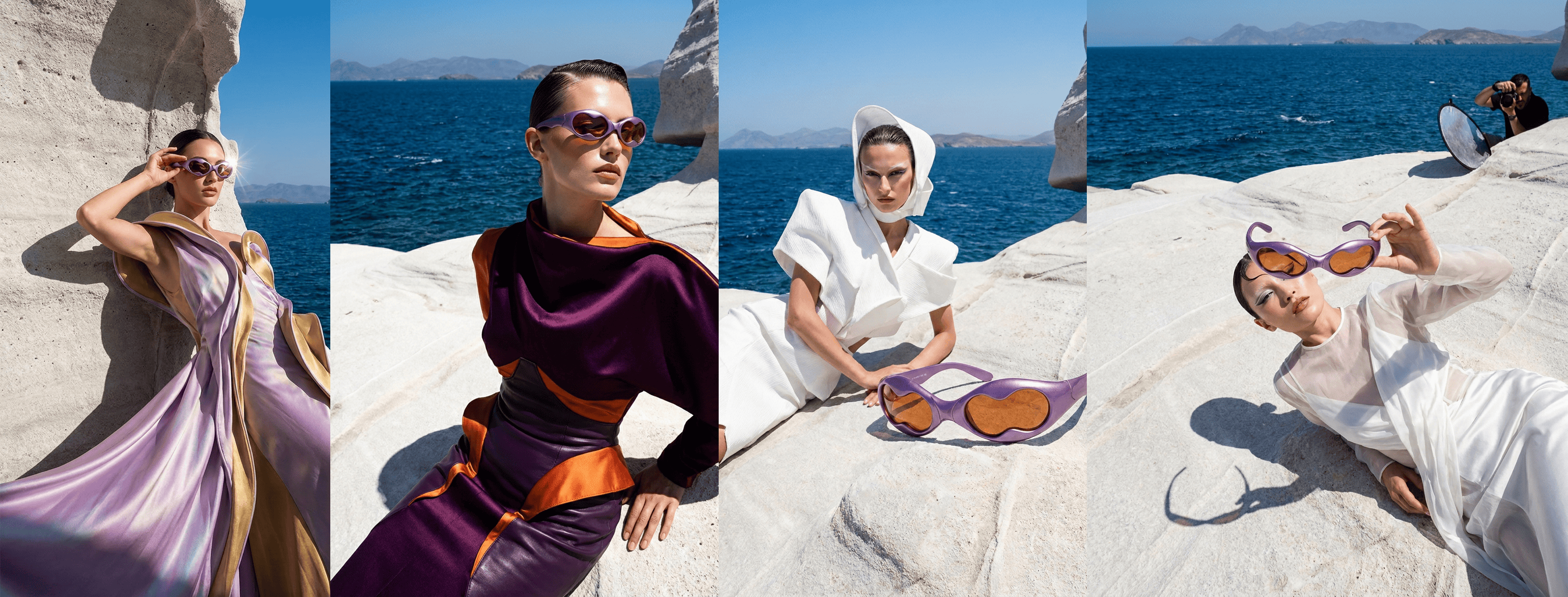editorial shoot of a woman in four different poses wearing sunglasses near the ocean