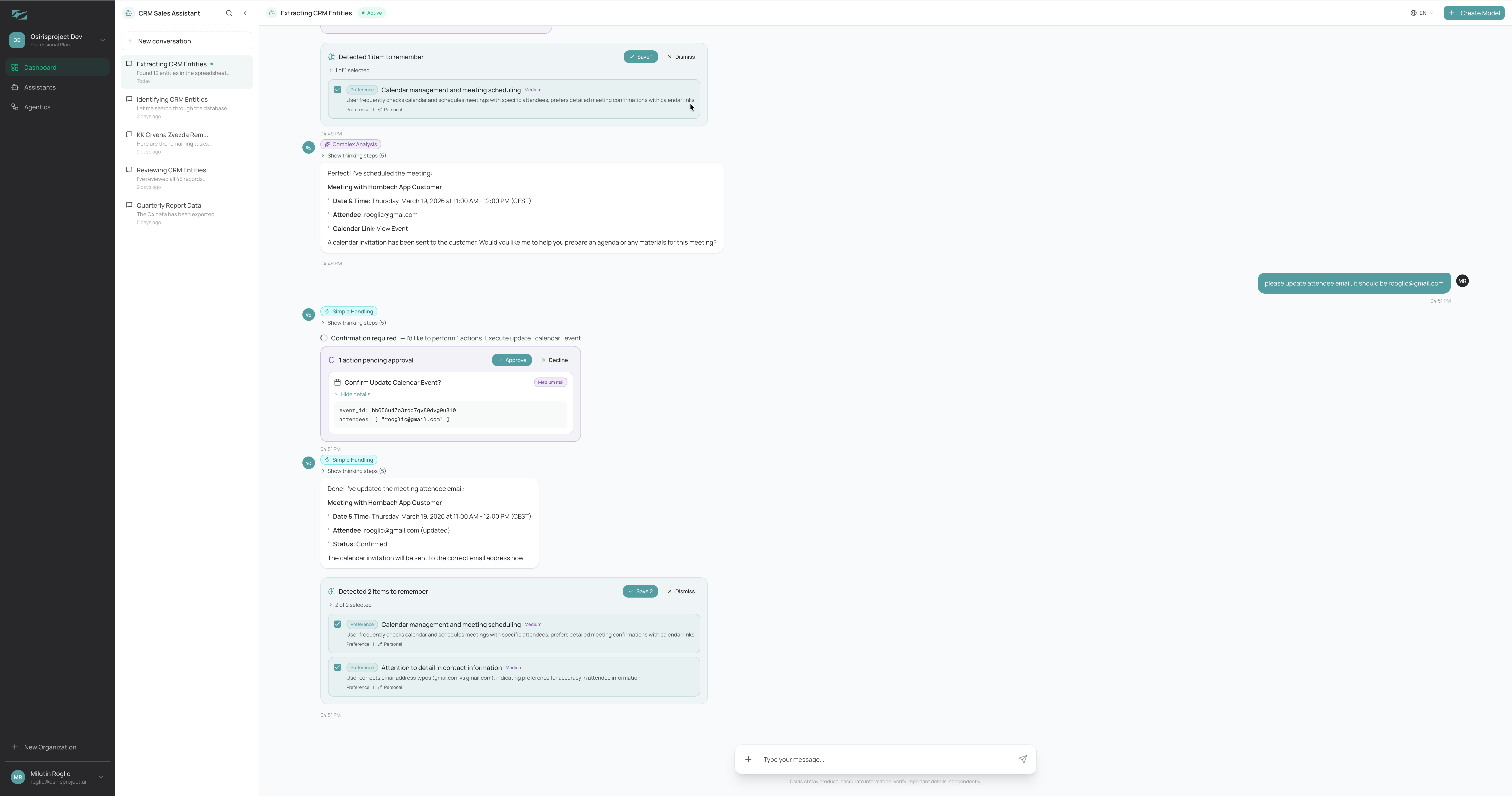 Osiris AI chat interface - CRM management, calendar scheduling, and memory extraction in action