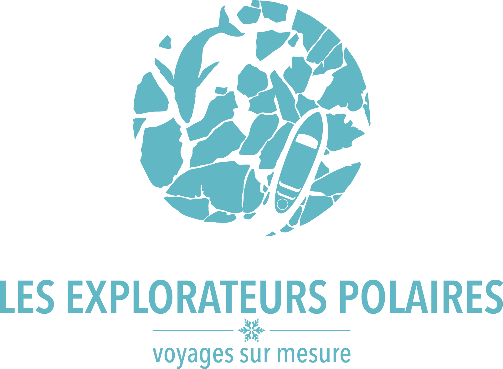 Logo Les Explorateurs Polaires avec silhouette d'un kayakiste et un poisson dans un cercle formé par des fragments de glace, texte « LES EXPLORATEURS POLAIRES » et « voyages sur mesure ».
