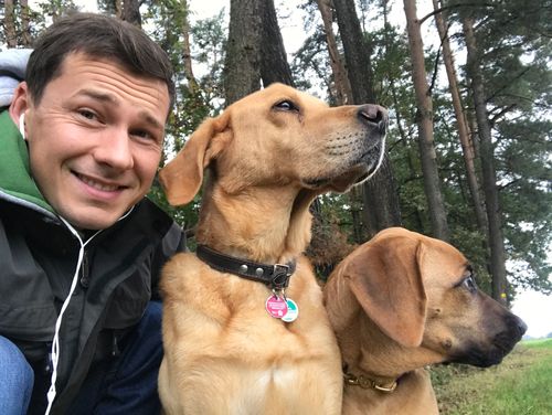 Marc Schoberer vom PetCrew® Hundeclub mit Balu und Frieda beim Dogwalking in Franken