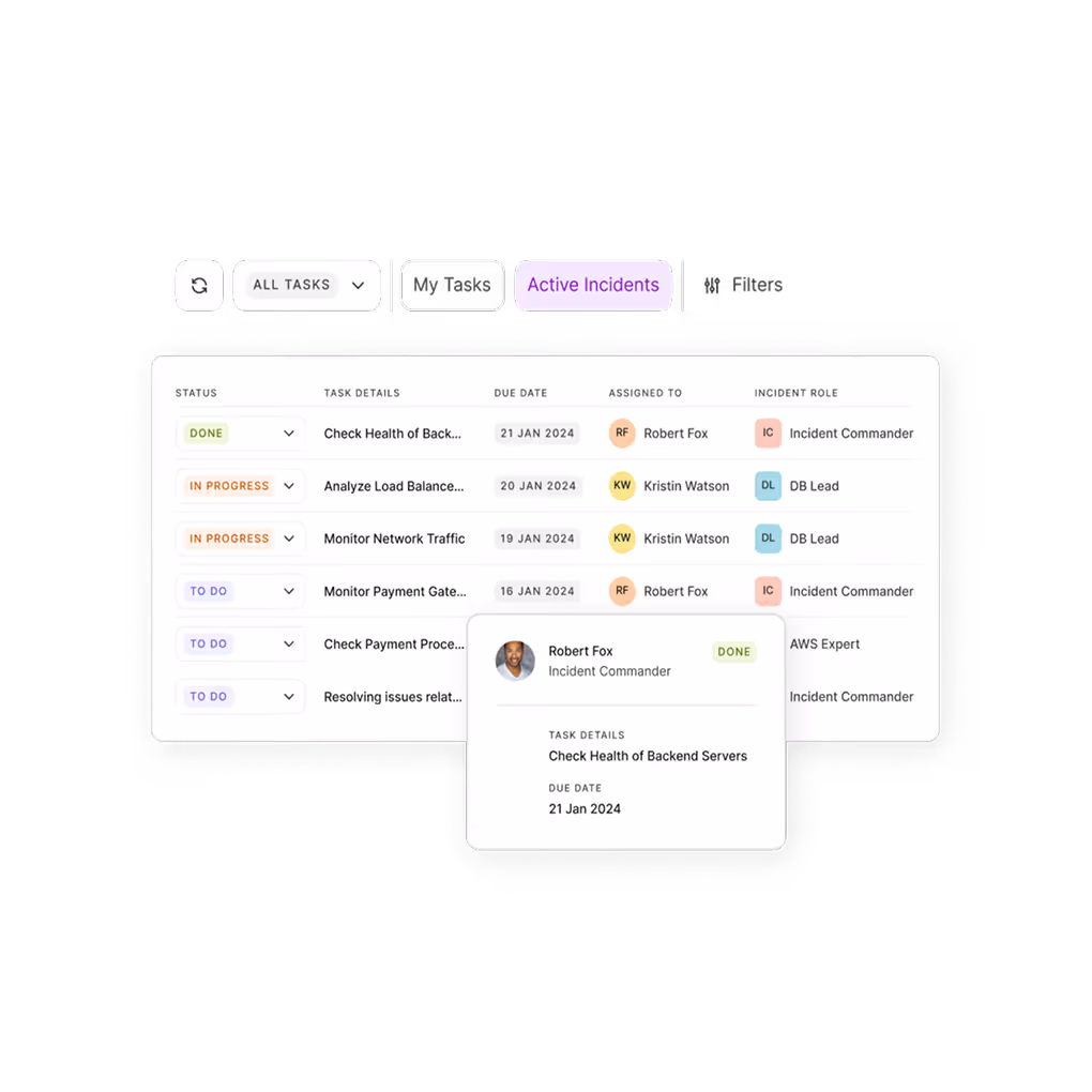 Dashboard von Xurrent mit Aufgabenübersicht für Vorfallmanagement zeigt Status, Details, Fälligkeitsdatum, zugewiesene Personen und Rollen wie Incident Commander und DB Lead.