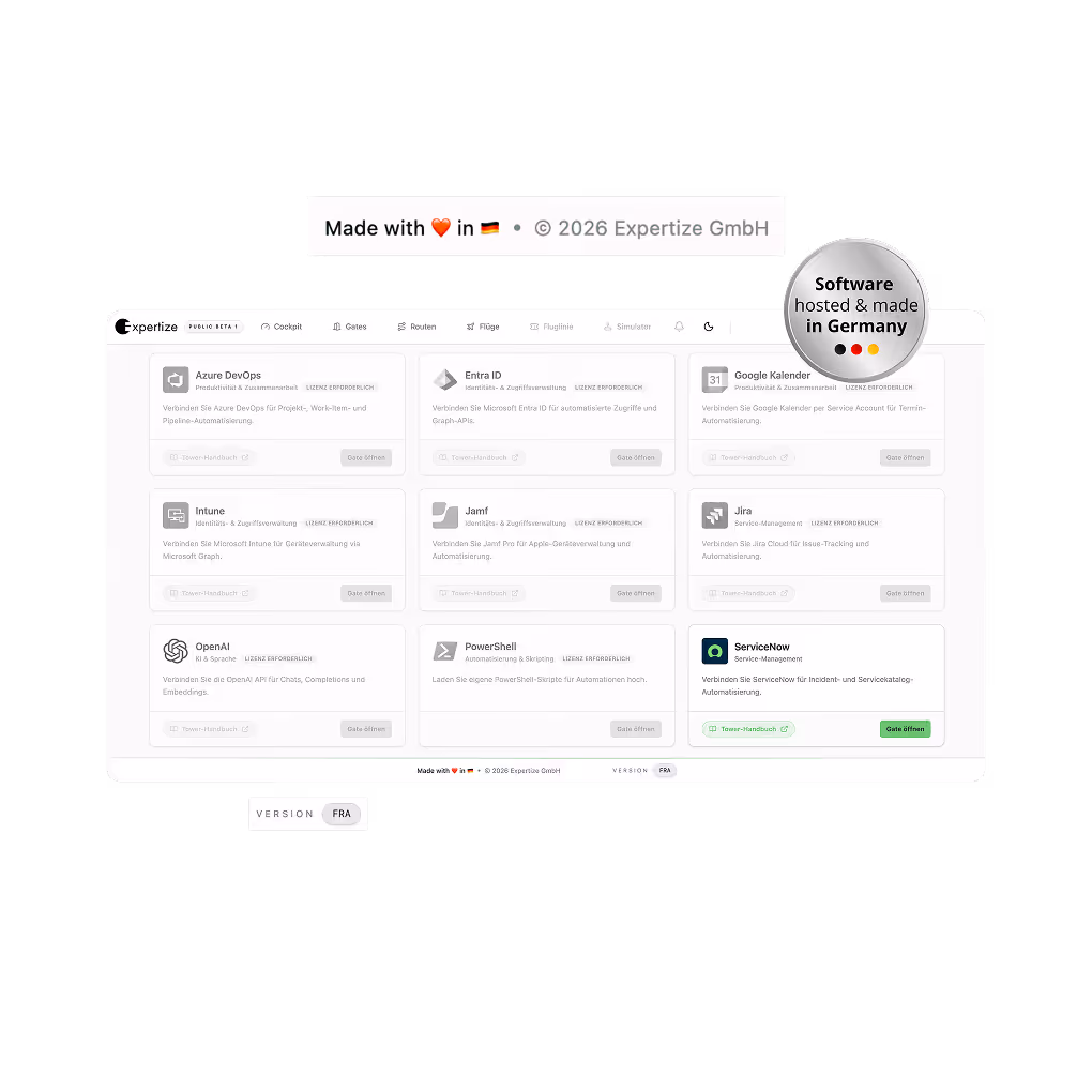 Benutzeroberfläche von Expertize mit verschiedenen Verbindungsmöglichkeiten zu Azure DevOps, Entra ID, Google Kalender, Intune, Jamf, Jira, OpenAI, PowerShell und ServiceNow, hervorgehoben mit 'Made with ❤️ in Deutschland' und Hinweis 'Software gehostet und hergestellt in Deutschland'.