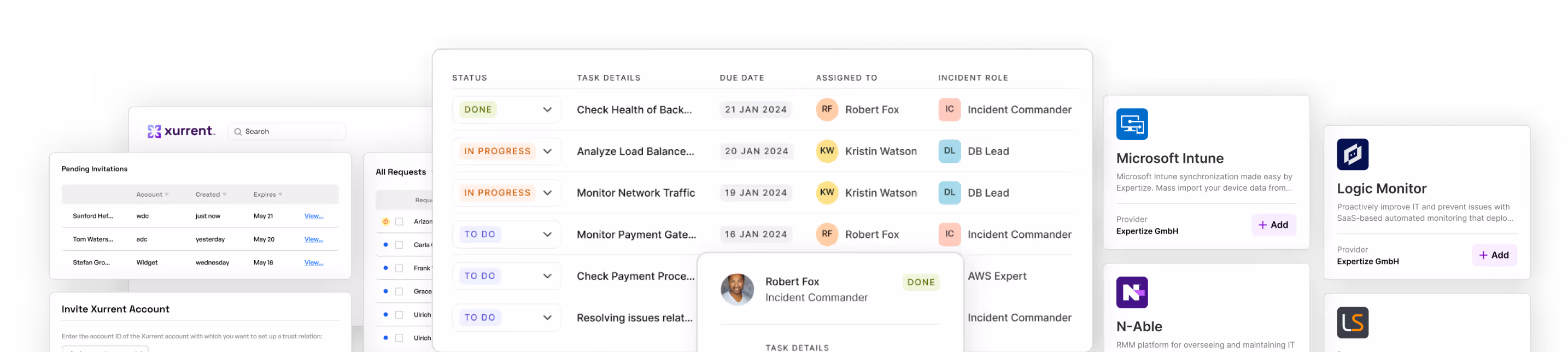 Benutzeroberfläche von Xurrent mit Aufgabenstatus, Fälligkeitsdaten, zugewiesenen Personen und verschiedenen IT-Dienstleistungsoptionen.