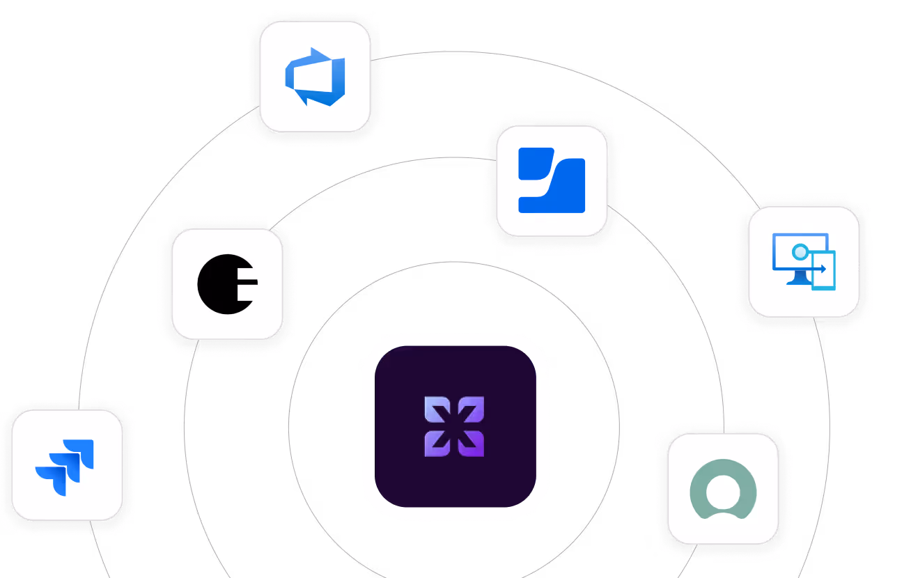 Zentrales violettes App-Symbol umgeben von sieben verschiedenen App-Symbolen, die in konzentrischen Kreisen angeordnet sind.