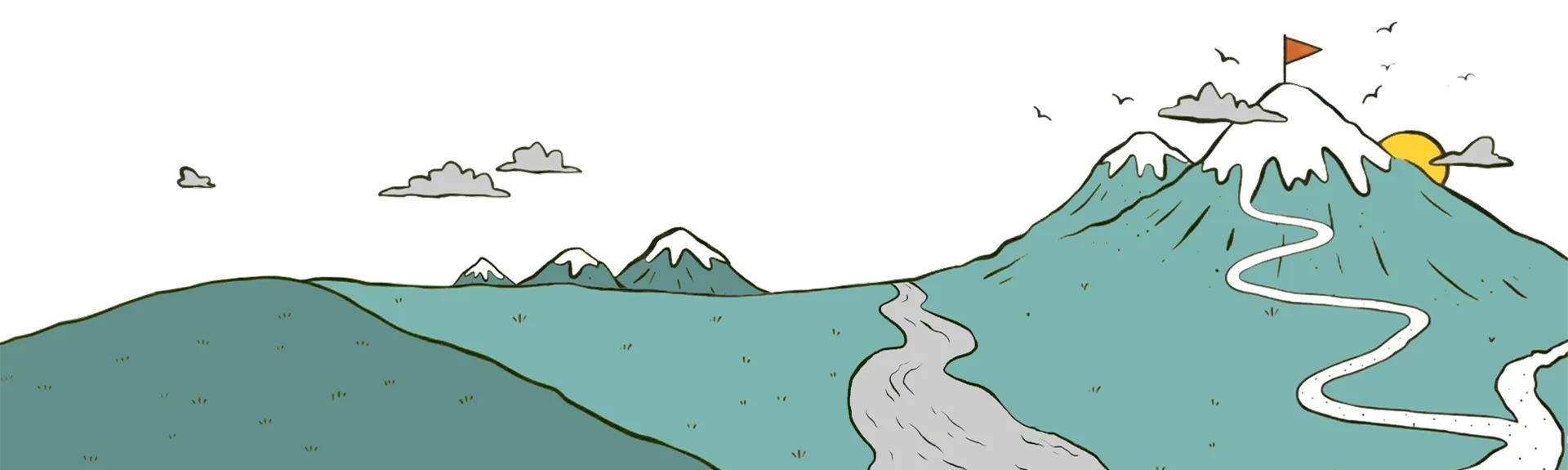 Illustration of a winding path leading up snow-capped mountains with an orange flag on the highest peak, birds flying, and the sun partially visible behind clouds.