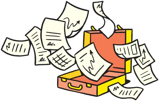 Illustration of an open briefcase with papers flying out, some showing charts and graphs.