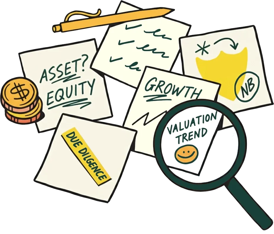 Illustration of notes with financial terms: 'ASSET? EQUITY', 'GROWTH', 'DUE DILIGENCE', and 'VALUATION TREND' under a magnifying glass, alongside coins and a pencil.