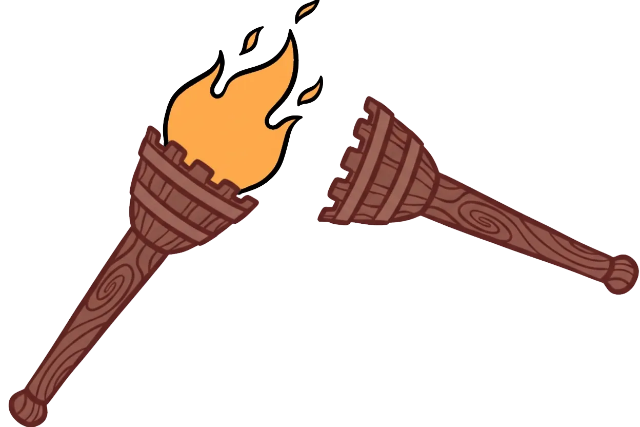 Cartoon-style wooden torches, one with a flame lit and the other unlit.