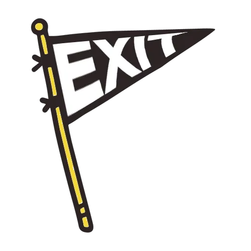 Black triangular flag on a wooden pole with the word 'EXIT' in large white letters.